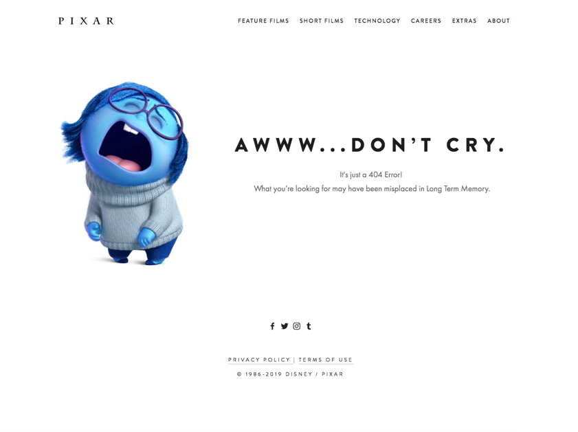 Screenshot of Pixar's 404 Page